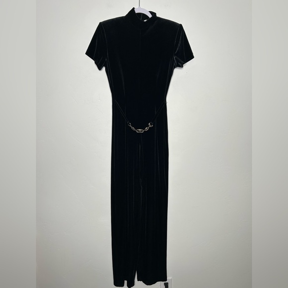 Vintage Pants - Vintage 80s/90's Victoria Stephens Black Velour Velvet Jumpsuit Silver Belt SZ 6